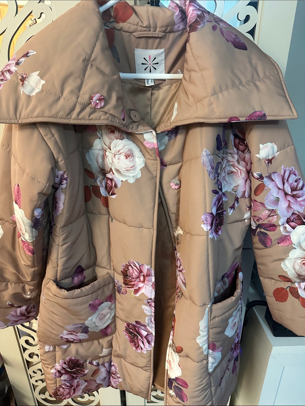 Isaac Mizrahi Taupe Quilted Floral Puffer Coat with Pink & Purple Blooms